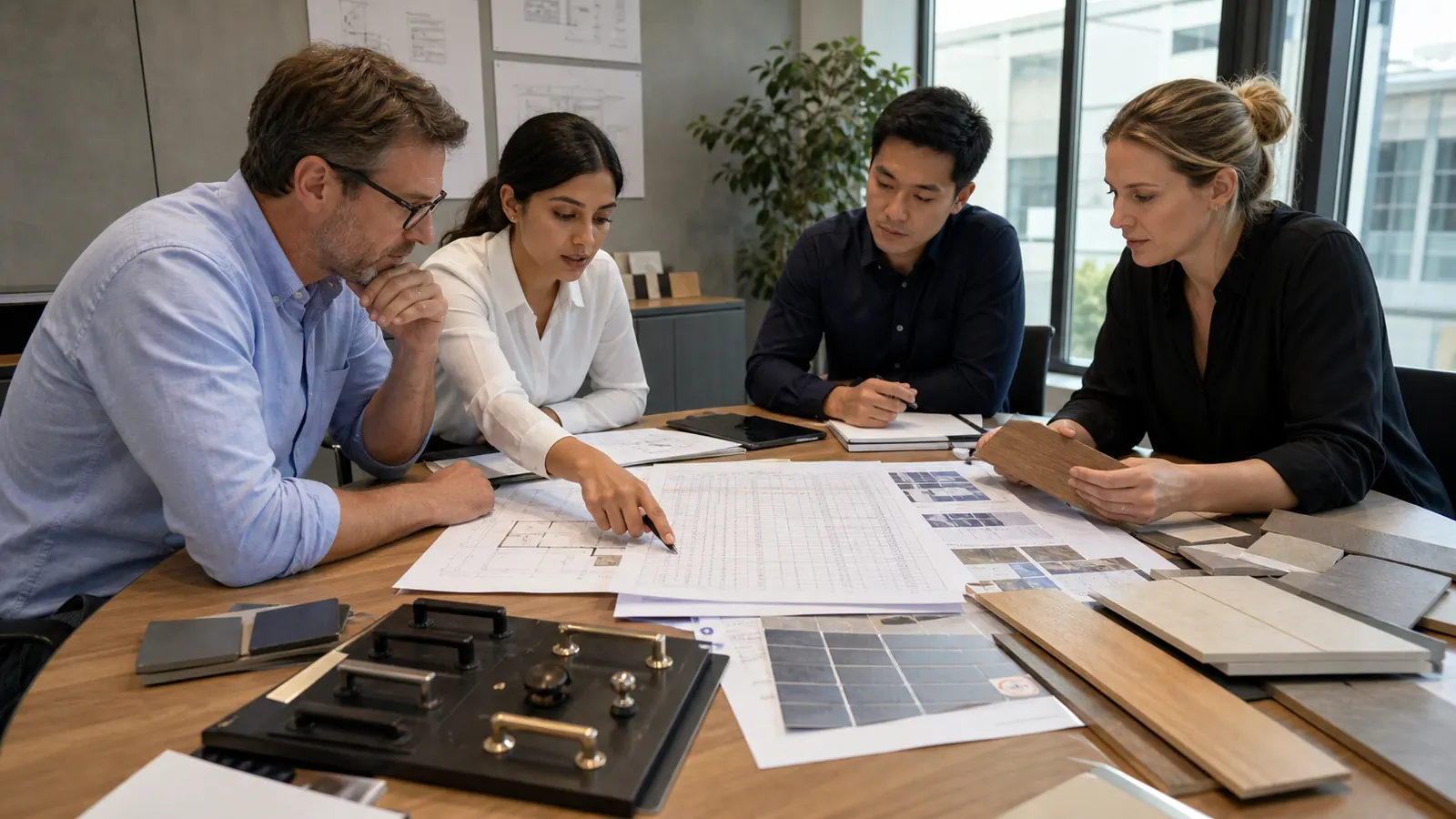 Buyer design and sourcing representatives assigning procurement decisions around a material schedule