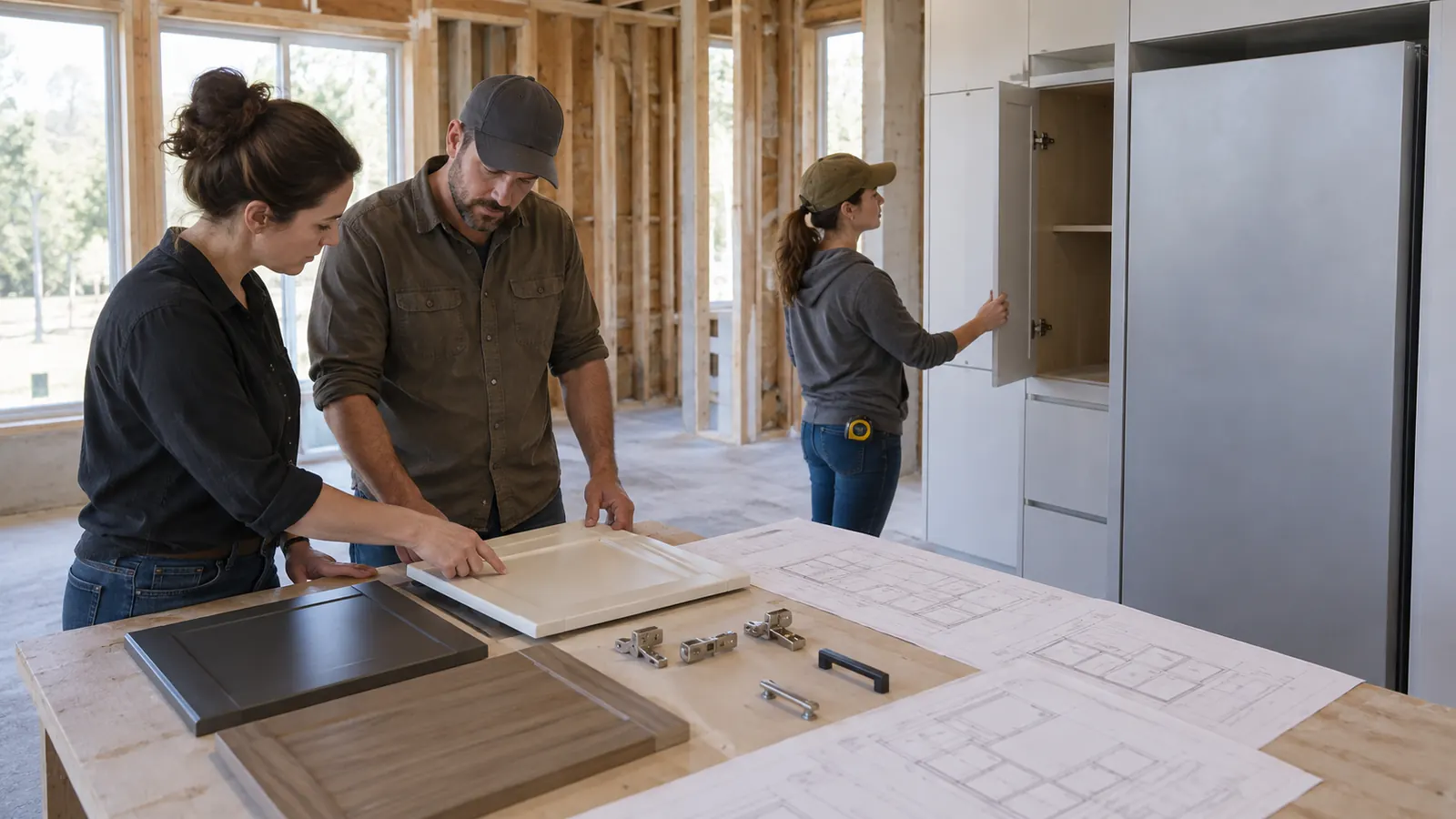 Cabinetry team checking door handing and swing interfaces on shop drawings