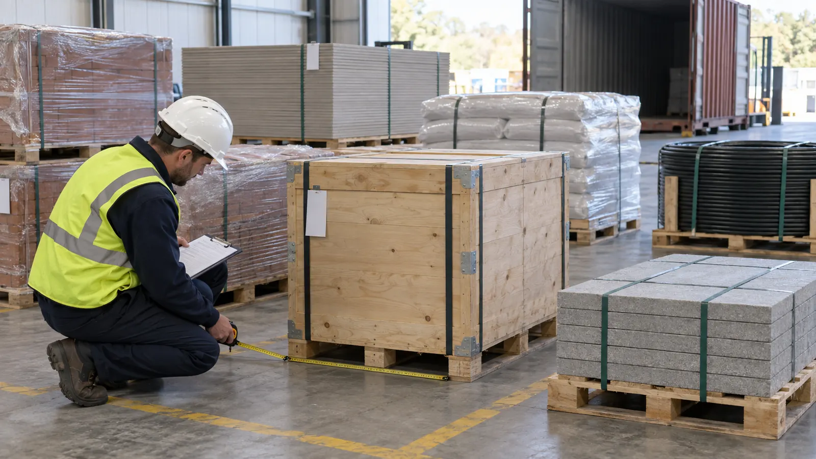 Logistics coordinator checking package mass and footprint data for a mixed-material container