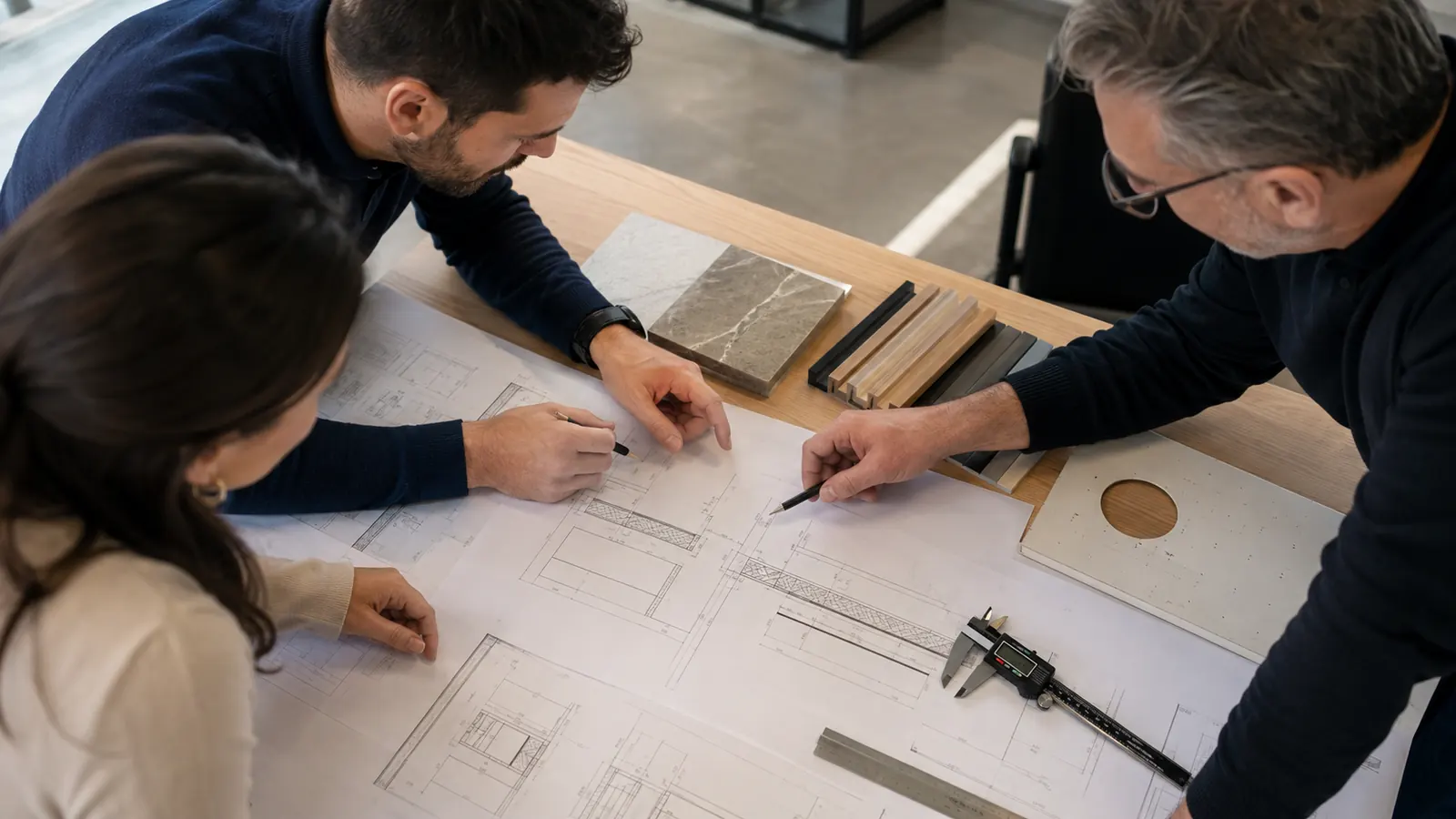 Design and procurement team checking dimensions where cabinetry stone wall panels and fixtures meet