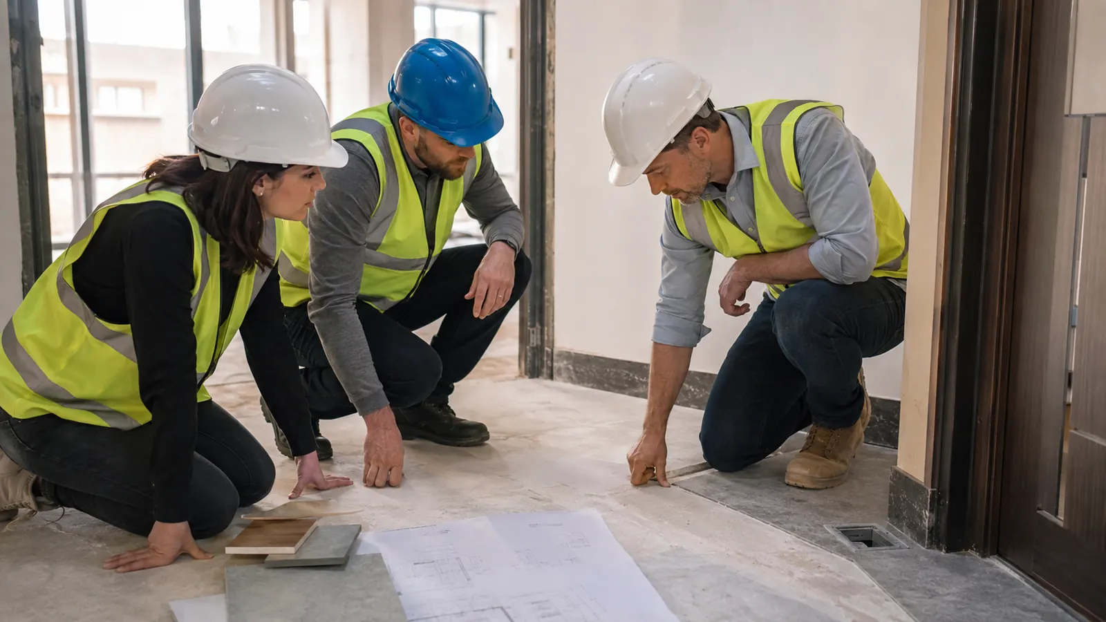 Flooring procurement team matching transition and skirting samples to floor interface drawings