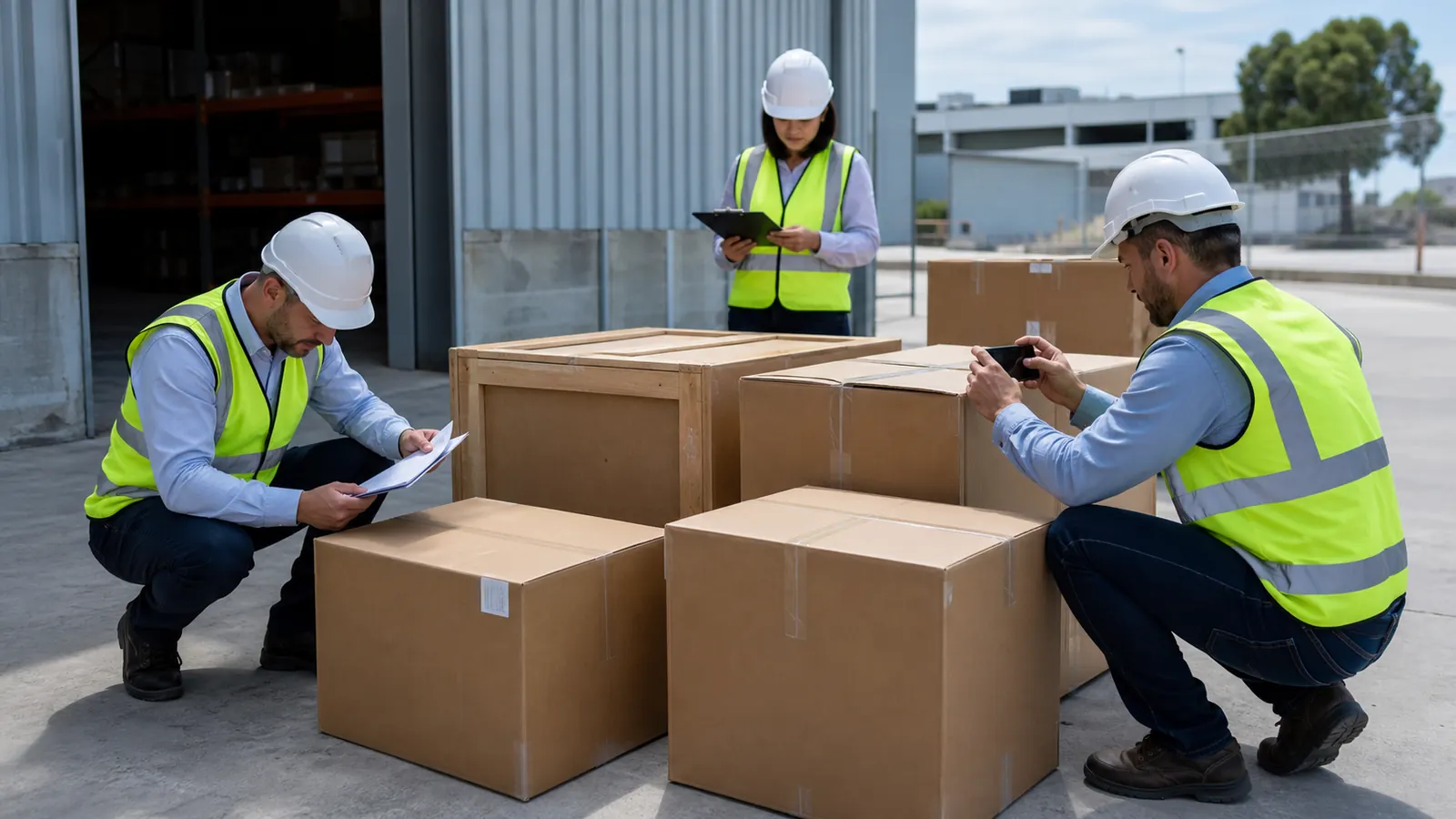 Site receiving team comparing a delivered crate and cartons with shipment documents and photographs