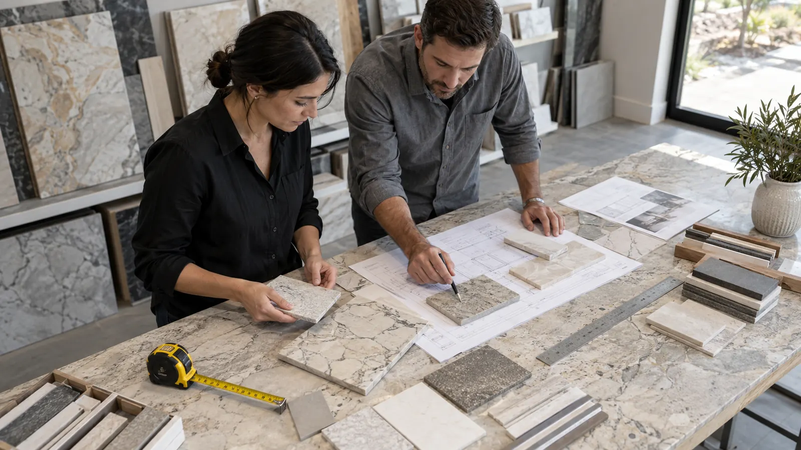 Stone and tile team checking piece labels, finish samples and cutting-list revisions before fabrication