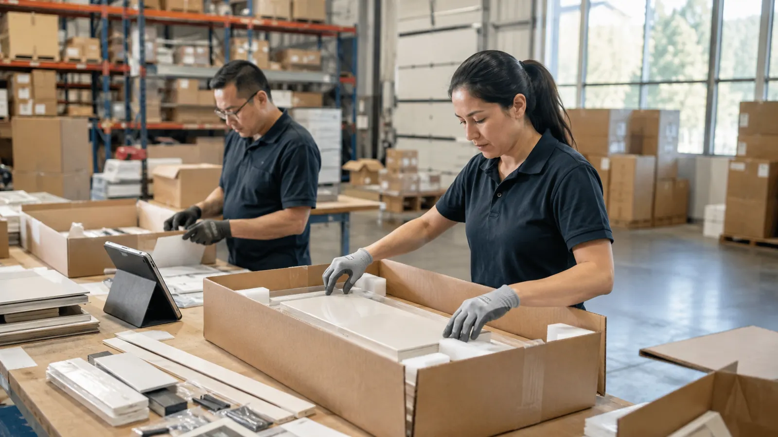 Warehouse staff reconciling item identities while repacking mixed interior material cargo