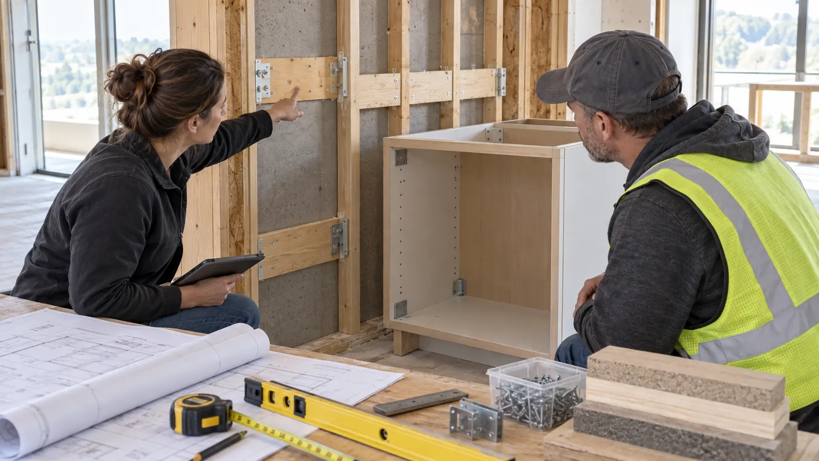 Cabinetry coordinator reviewing wall blocking and fixing interfaces with site drawings