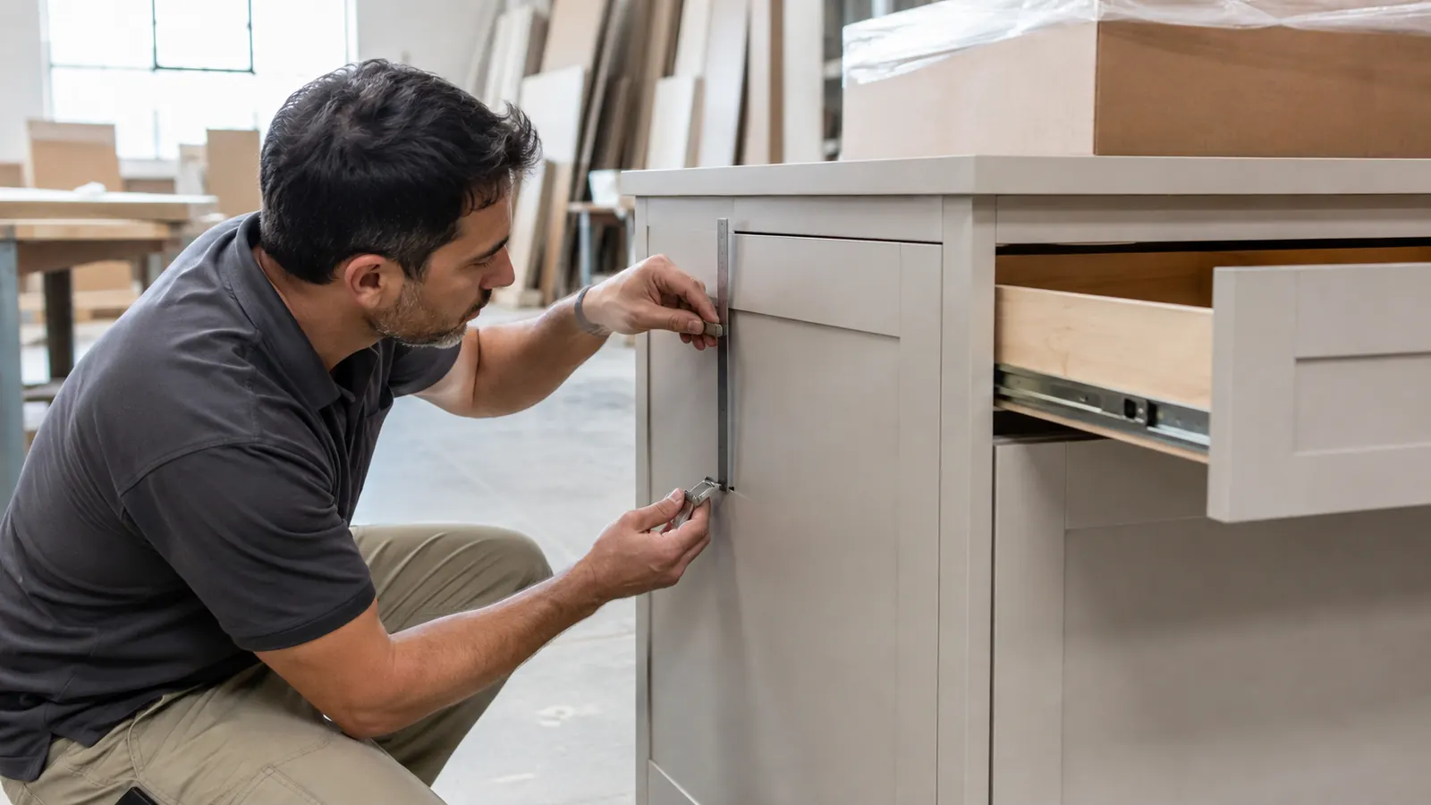 Cabinetry inspector checking doors, drawer fronts, reveals and hardware against approved drawings