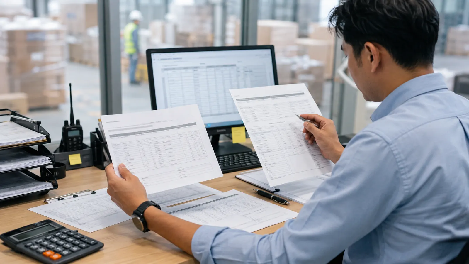 Shipping coordinator cross-checking commercial invoice packing list and transport instructions
