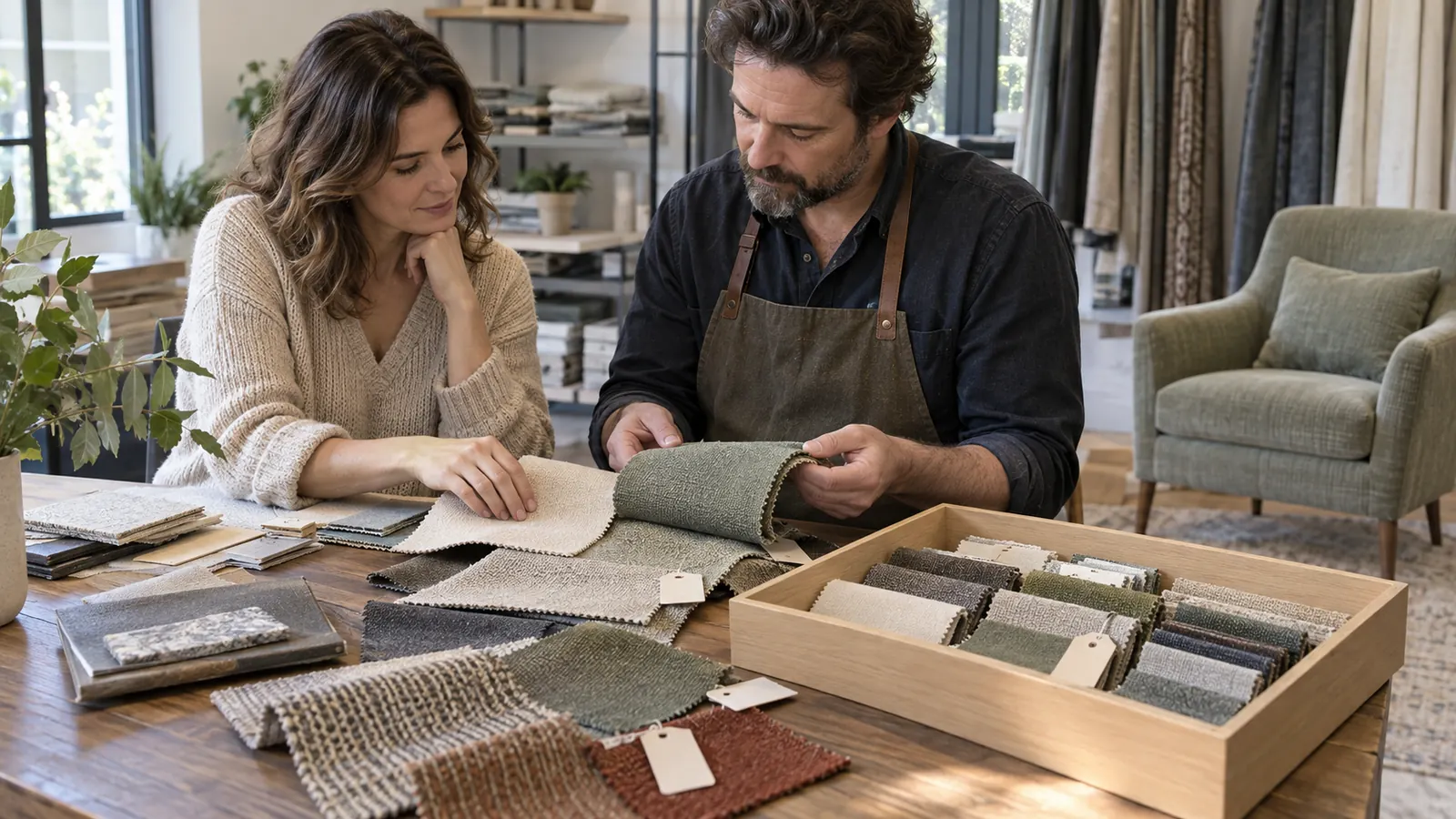 Furniture buyer comparing upholstery roll cuttings, approved swatches and a production sample under neutral light