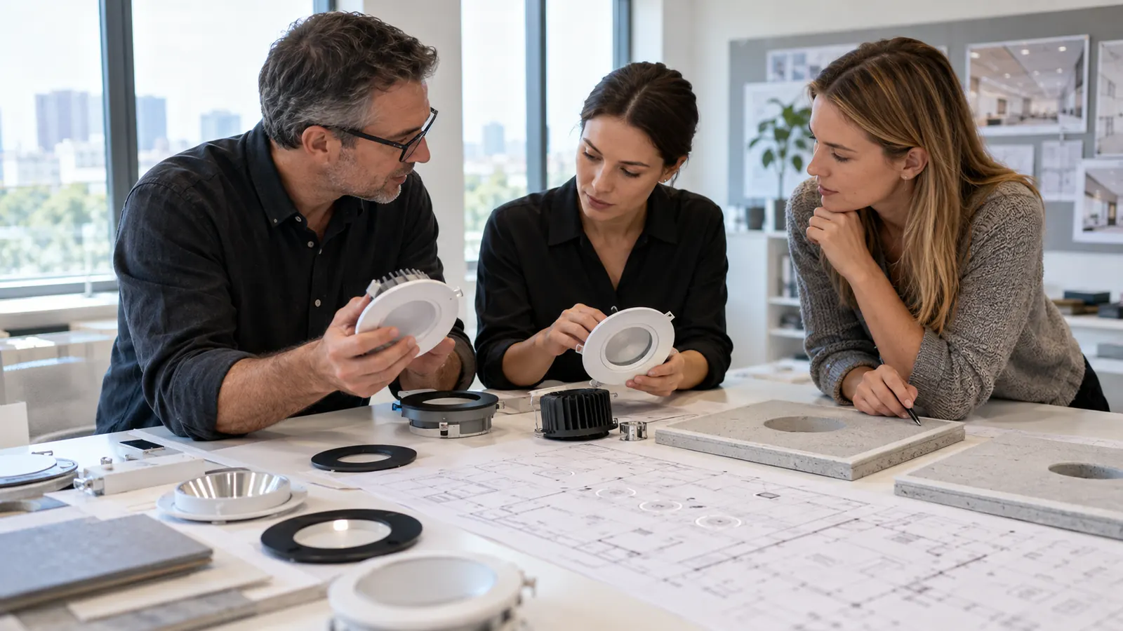 Lighting and ceiling coordinators comparing fixture samples with reflected ceiling plans