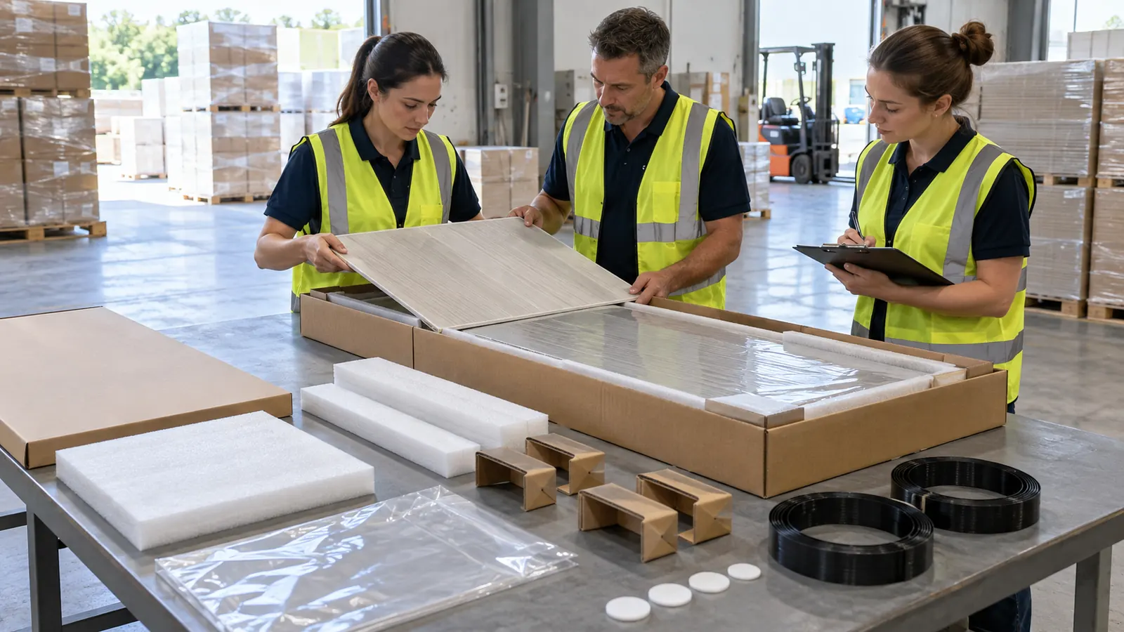 Packaging team reviewing a first packed unit for mixed project materials