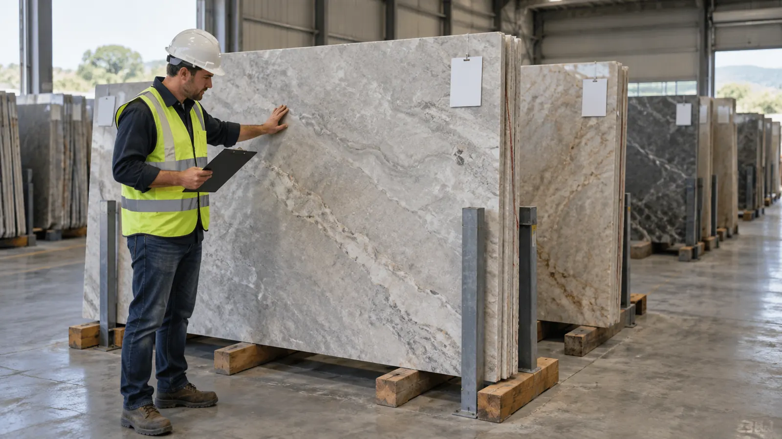 Stone coordinator reviewing neutral slab faces with blank quarantine and release cards