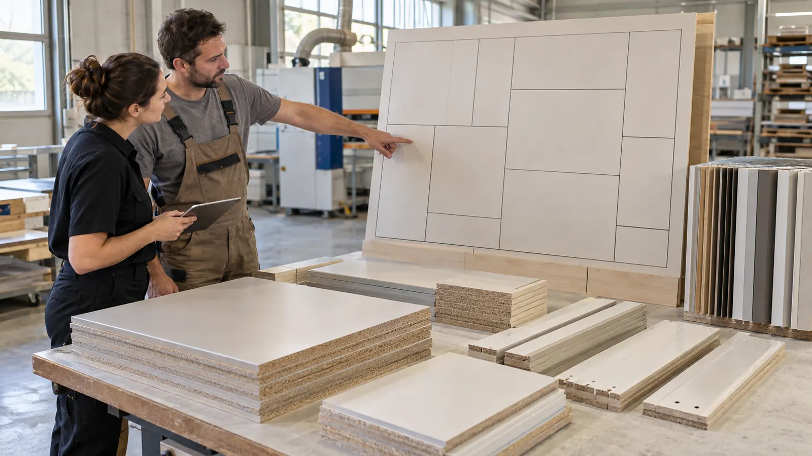 Wall-panel team mapping cut pieces and protected spare packs against elevation drawings