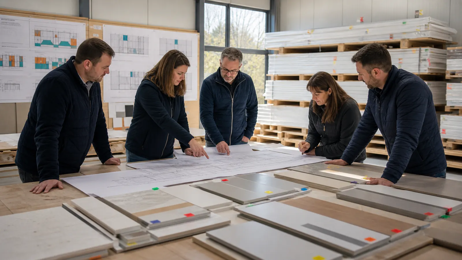 Wall panel procurement team matching elevation piece numbers to protected delivery packages
