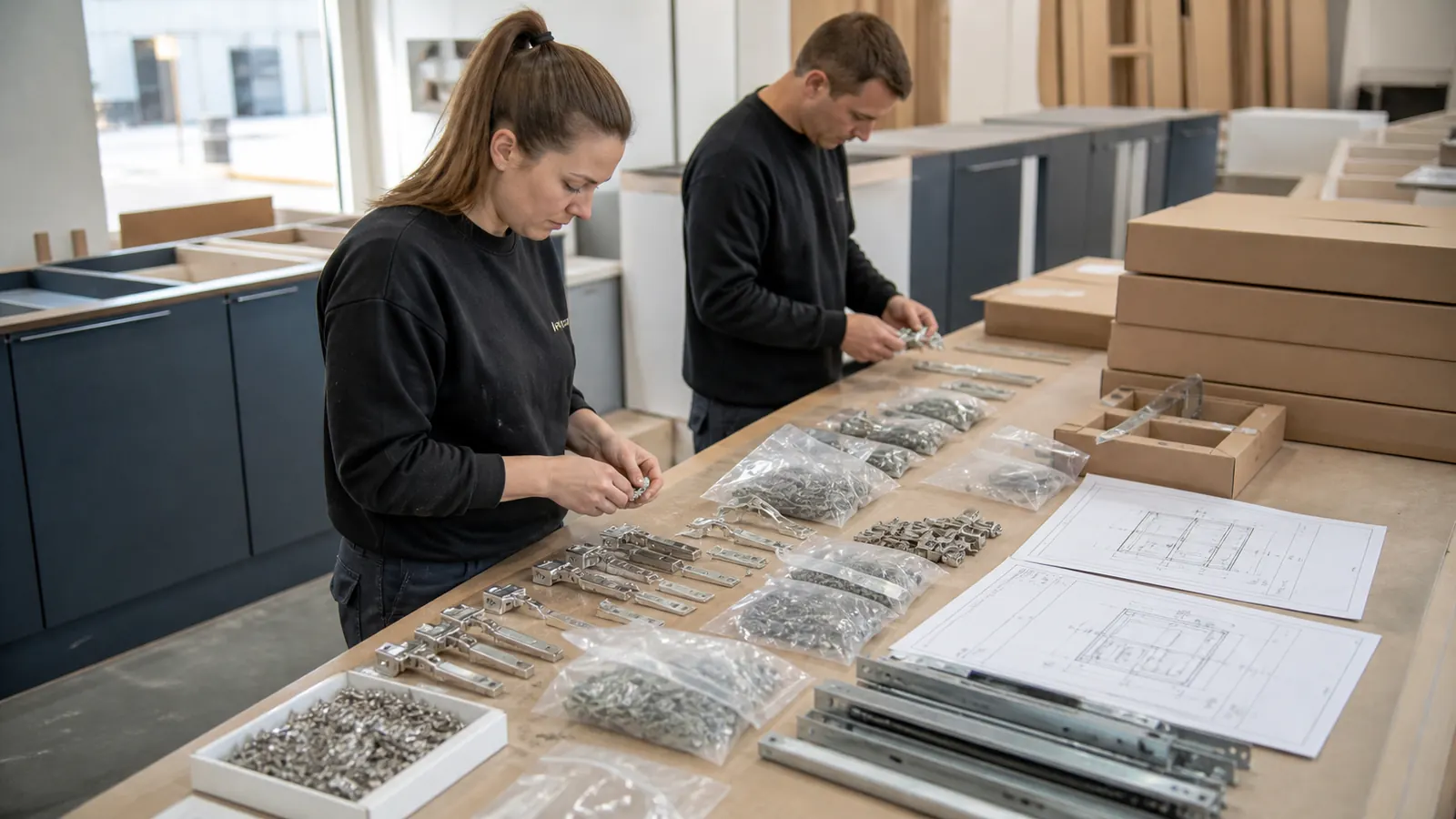 Cabinetry team reconciling organized hardware kits with cabinet unit drawings and package labels