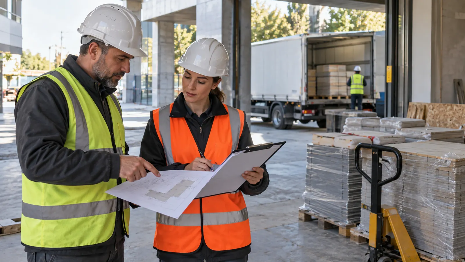 Site receiver and logistics coordinator reviewing delivery access for project materials