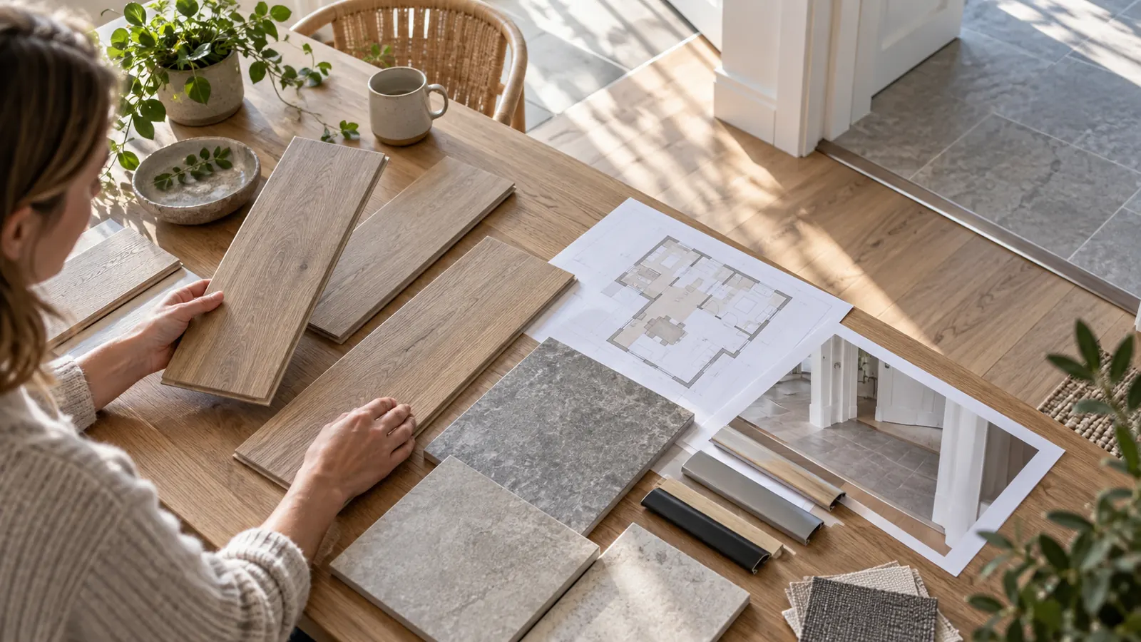 Flooring buyer reviewing room directions and doorway transitions on project plans