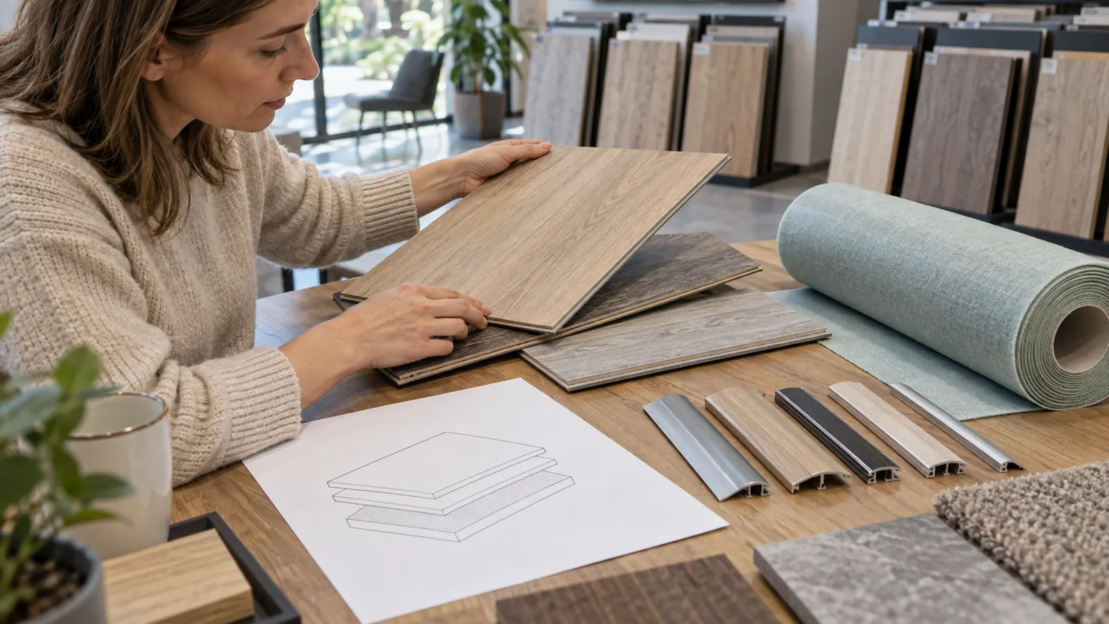 Flooring buyer comparing underlay rolls, transition profiles and a floor build-up drawing