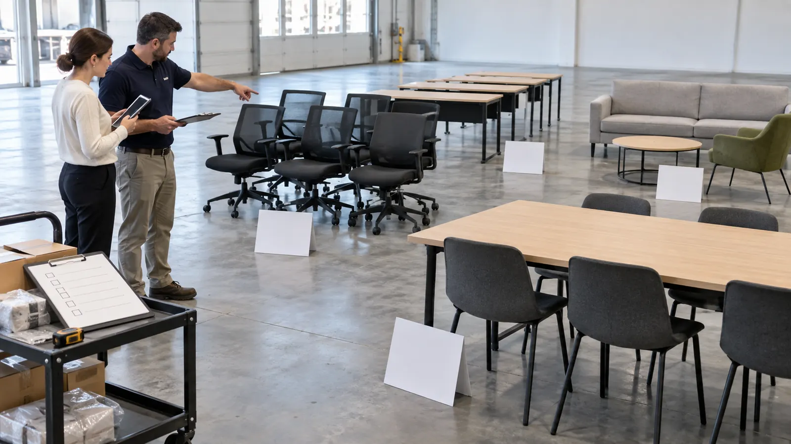 Furniture coordinator reconciling neutral room-set pieces with a blank missing-item log