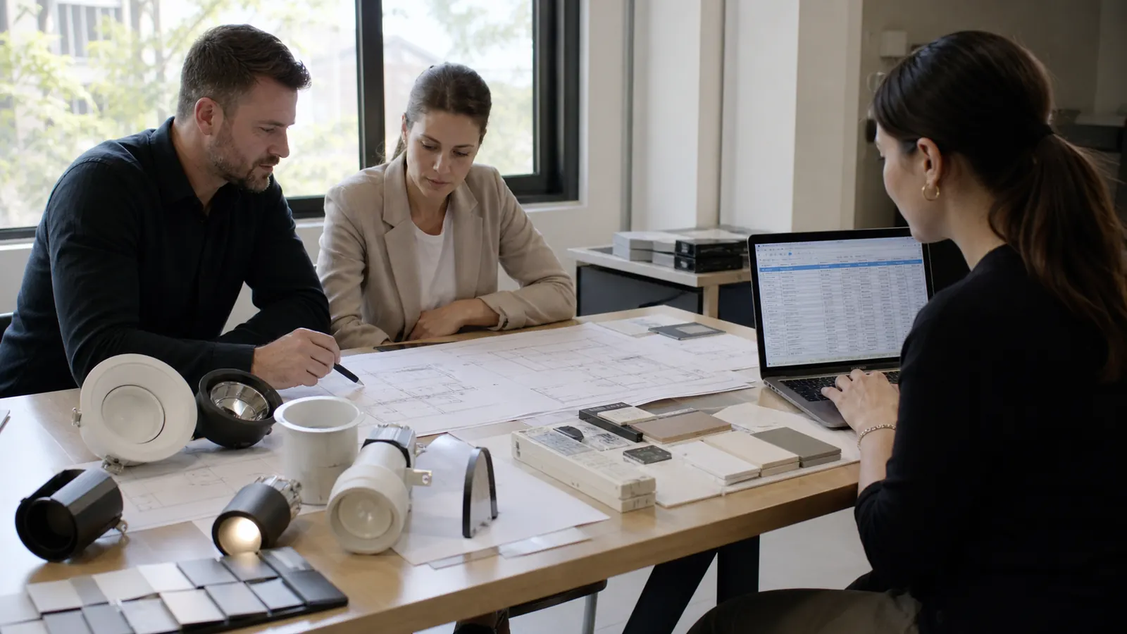 Procurement team reviewing a lighting schedule with reflected ceiling plans and fixture samples