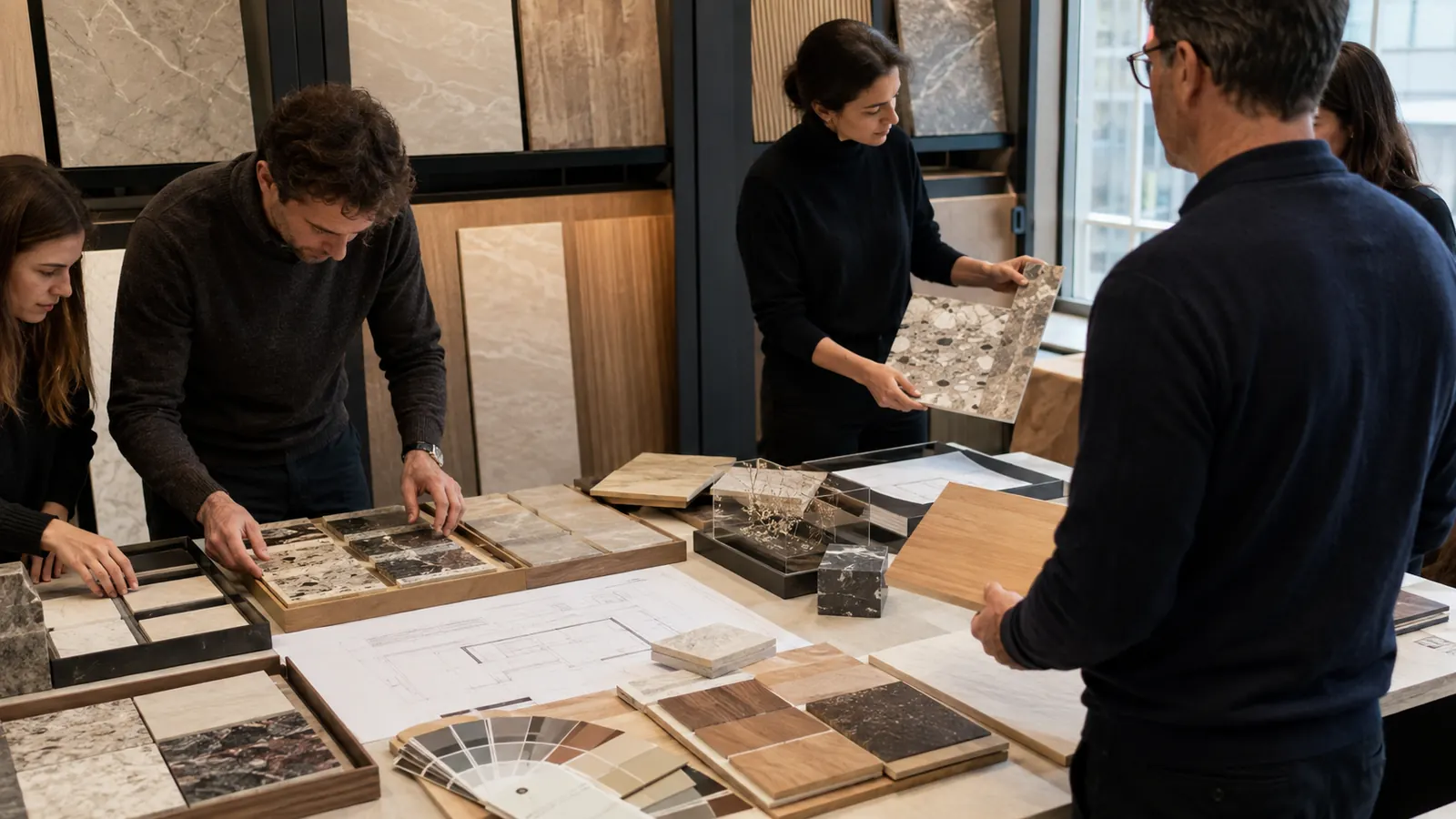 Design and procurement team allocating natural stone, wood veneer and tile batches to visible project zones