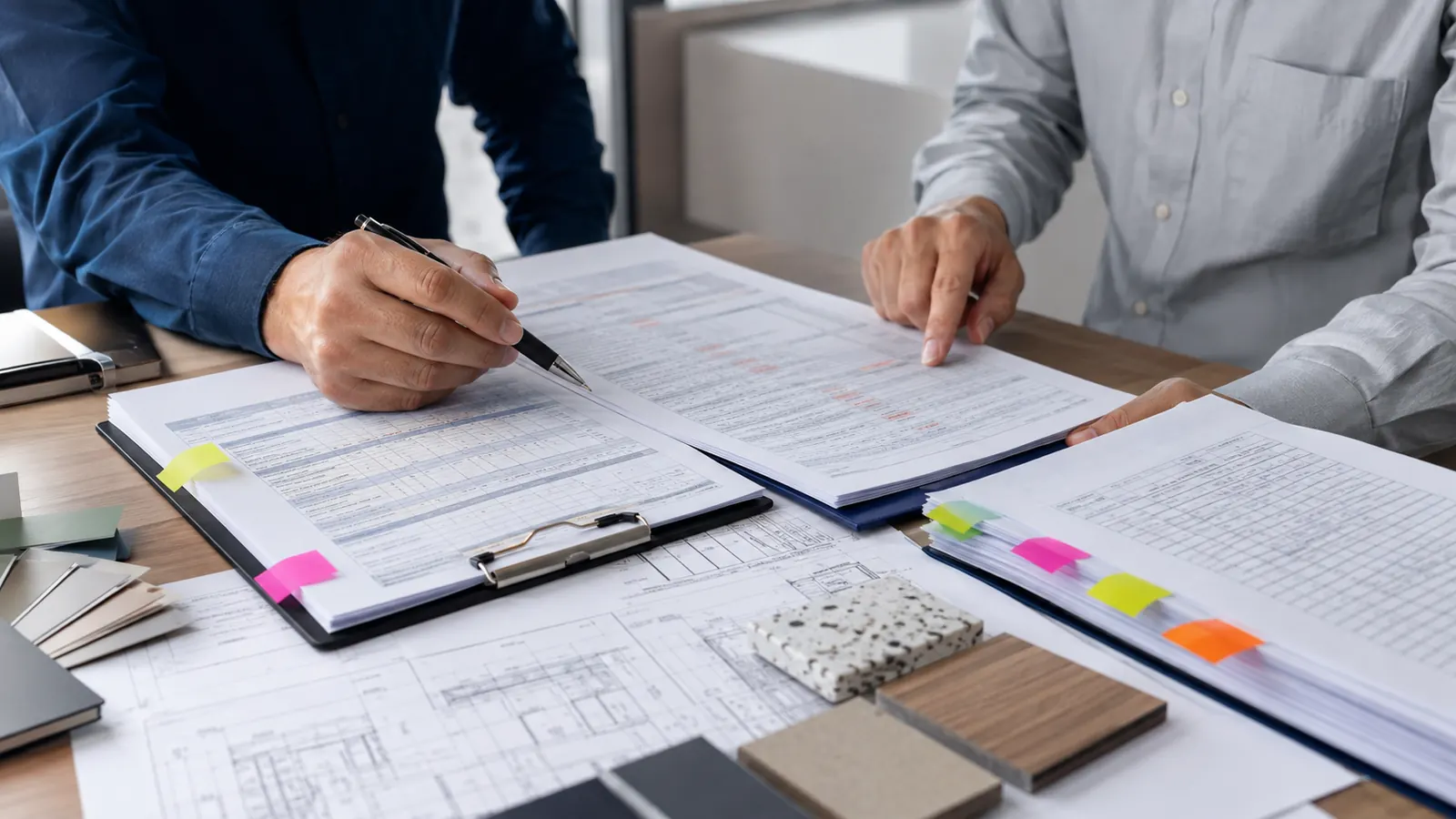 Buyer comparing a revised purchase order with supplier acknowledgment and affected project files