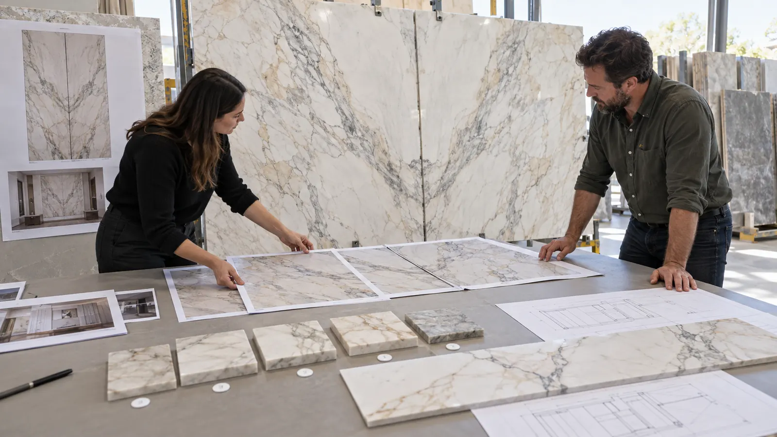 Stone buyer and fabricator arranging slab images for bookmatch and vein sequence approval