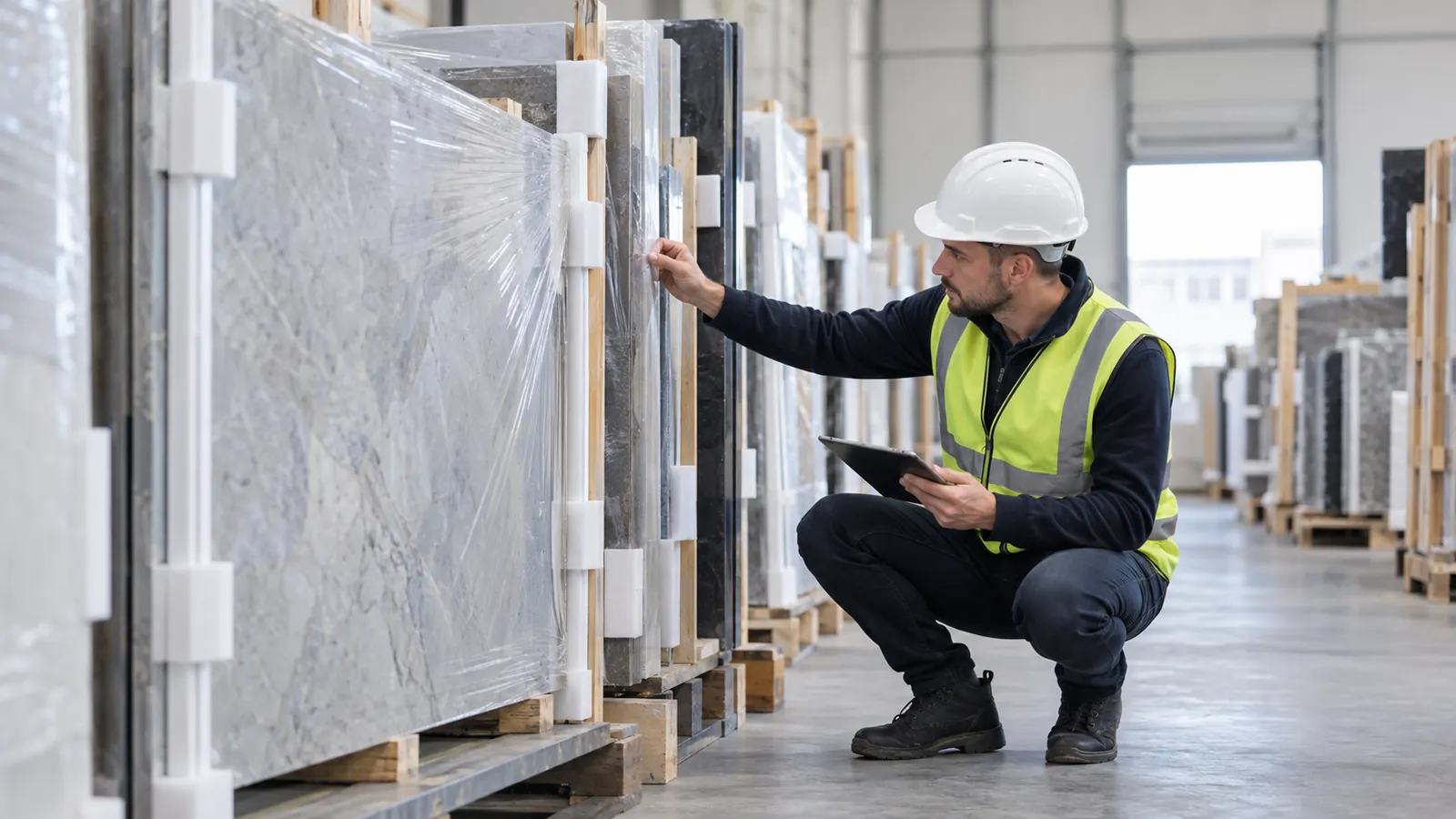 Inspector checking protective film and spacers between generic stone slabs and tile faces