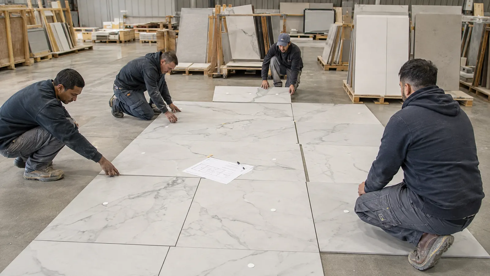 Tile reviewers evaluating a numbered dry-lay arrangement with shade samples and layout drawings