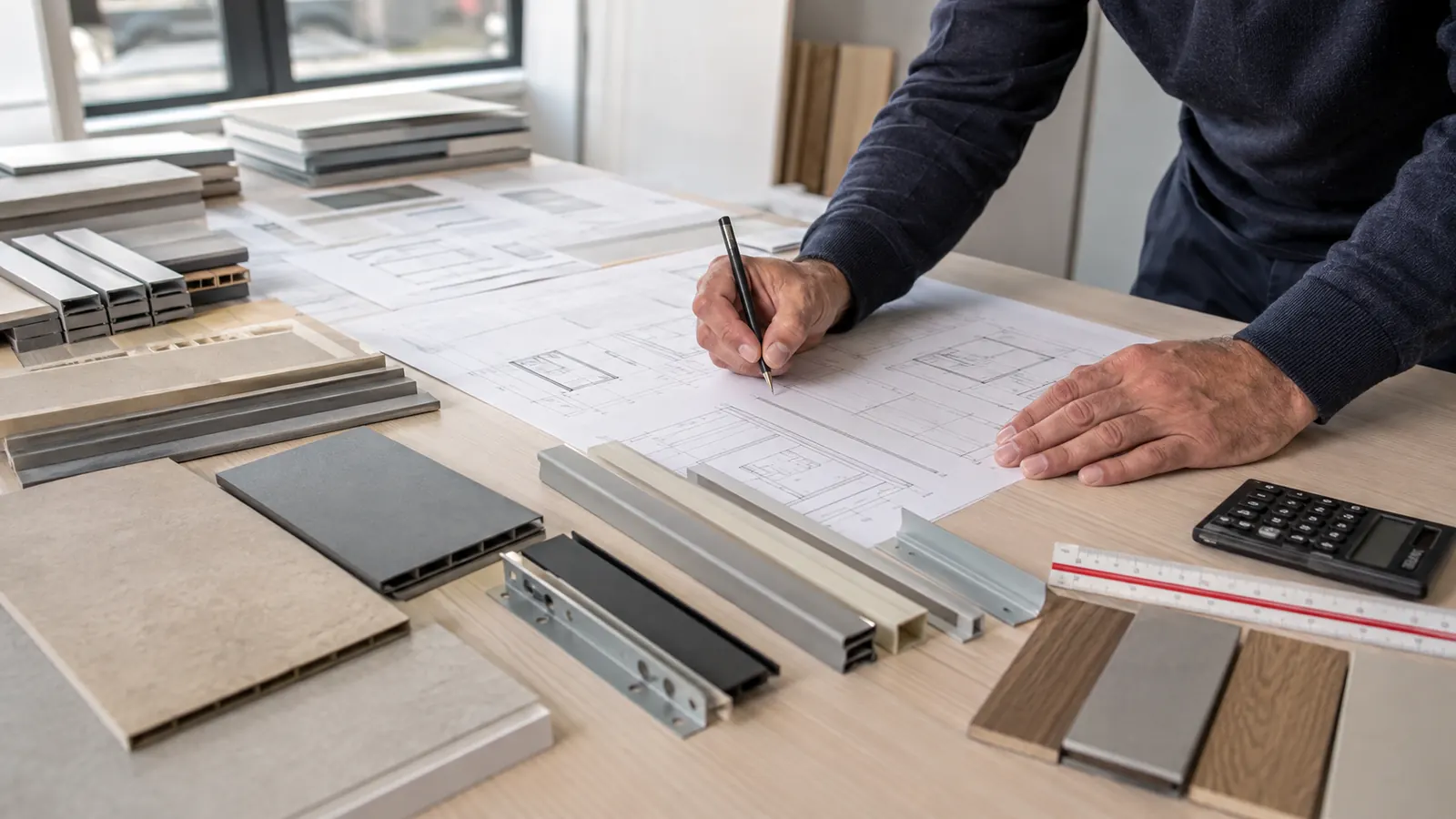Wall panel team matching joint and corner trim samples to elevations and takeoff lines