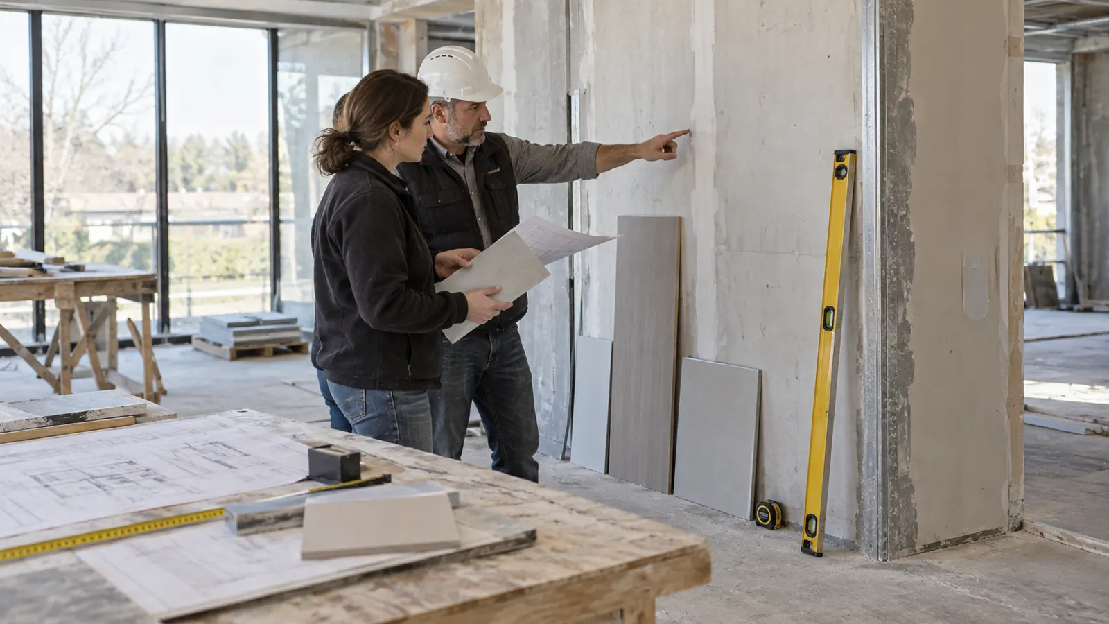 Site team checking wall-panel substrate and interface conditions against current elevations