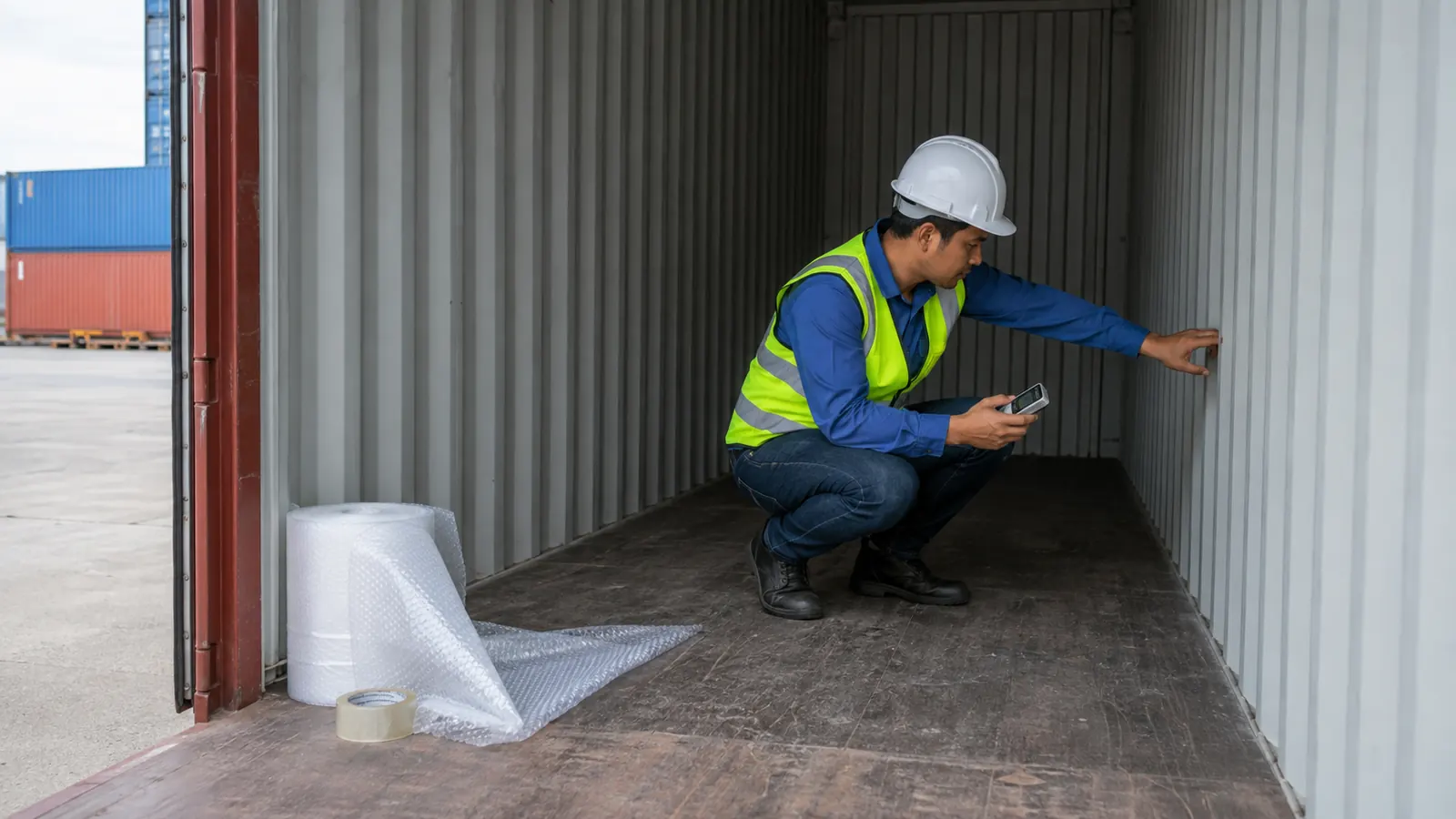 Loading team checking a clean dry container and protected interior material packages before loading