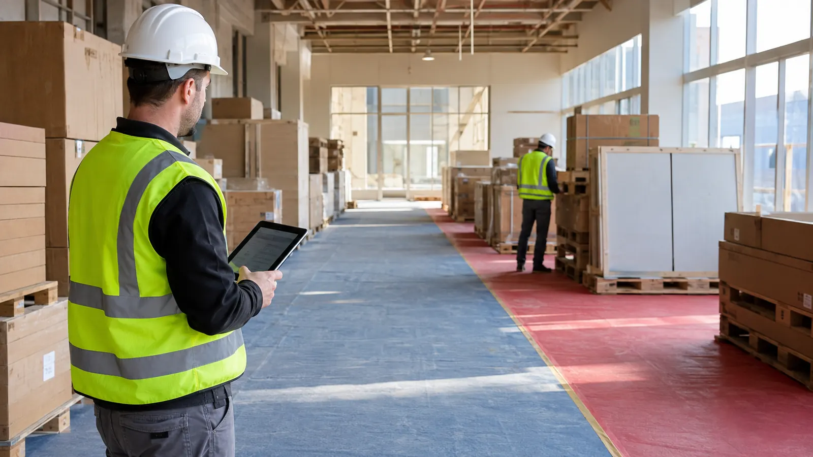 Site team preparing protected storage zones for arriving imported interior finish packages