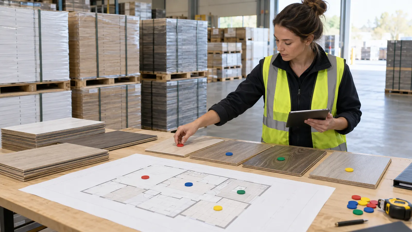 Warehouse coordinator assigning flooring cartons from controlled batches to project rooms