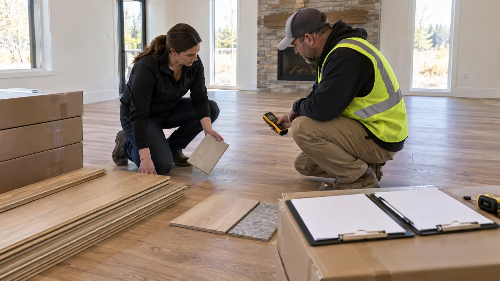 Flooring supplier and site team reviewing environmental condition records before delivery