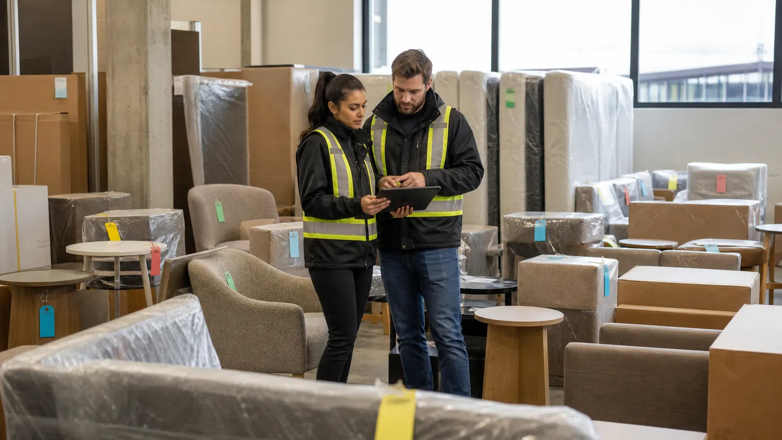 Furniture logistics team matching room plans, item codes and protective packages before dispatch