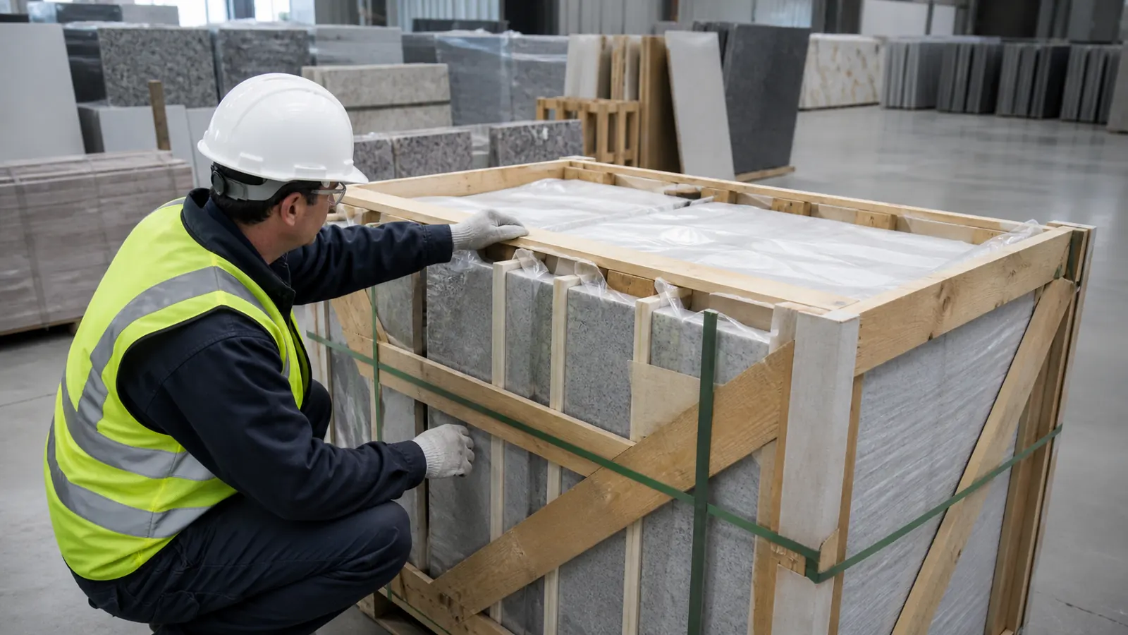 Inspector checking protected stone and tile crates with package marks before export loading