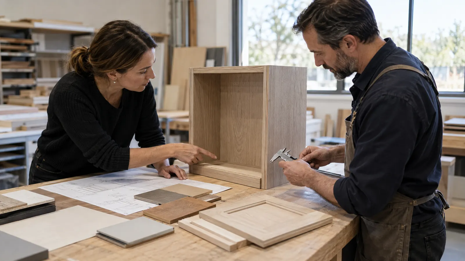 Buyer and supplier reviewing the first completed production unit against approved drawings and finish samples