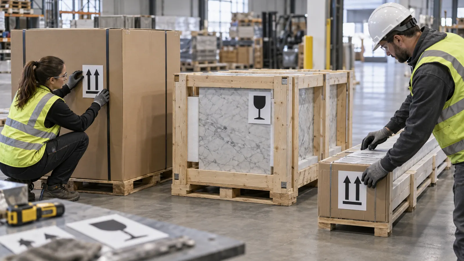 Packing team reviewing handling symbols and orientation marks on project material packages