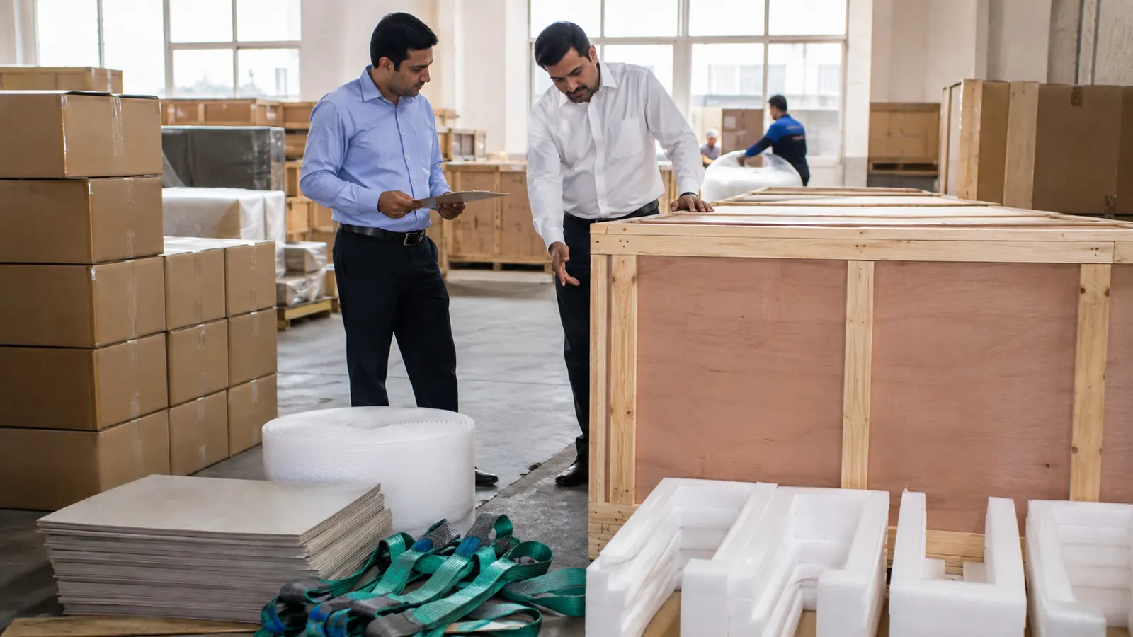 Packing team reviewing handling risks for boxed, crated and protected mixed interior materials