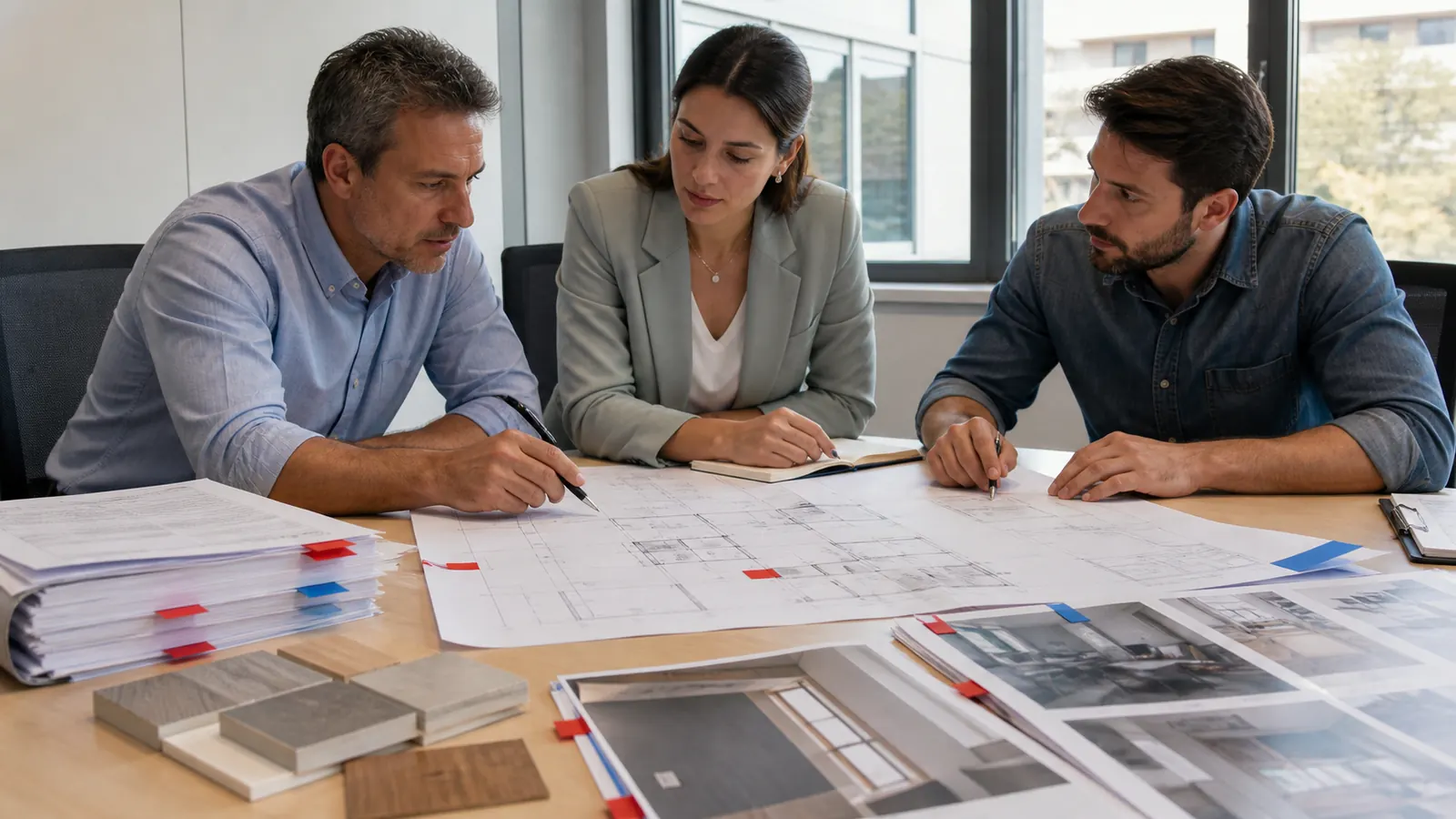 Procurement team mapping an approved design change across BOQ drawings samples and package records