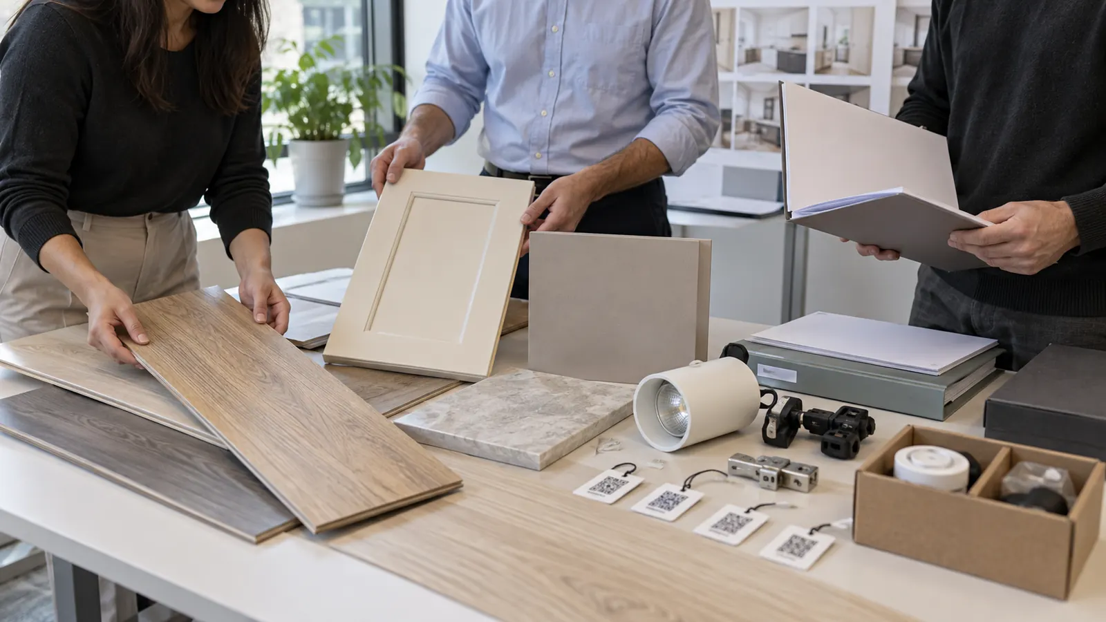 Project handover team organizing care and replacement references for interior materials