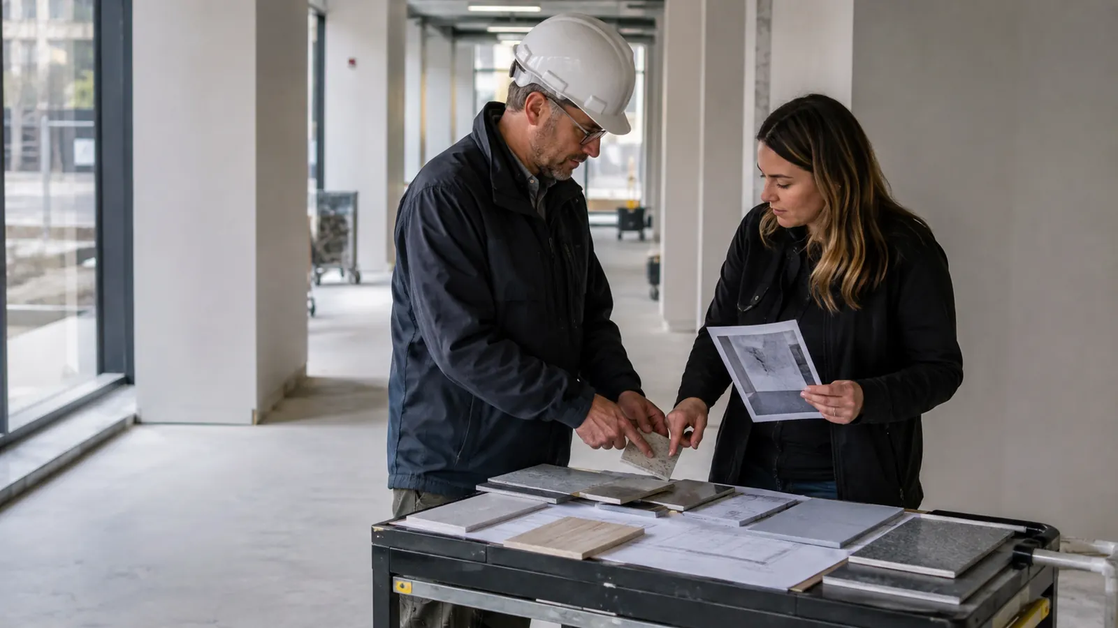 Site and procurement team mapping verified interior punch-list items to replacement material samples