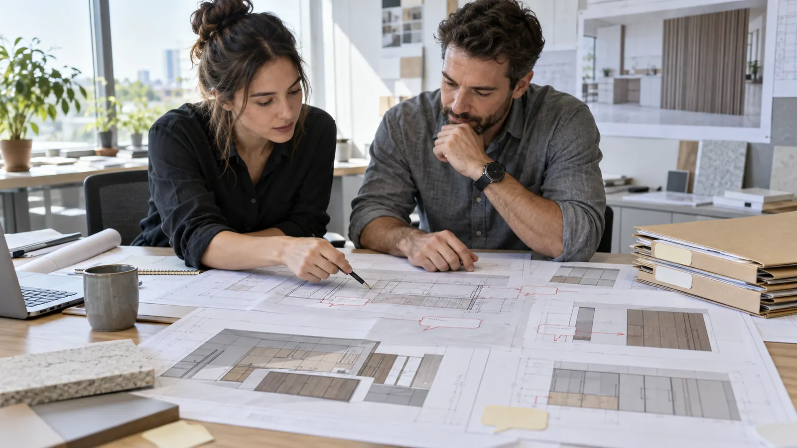 Design and procurement coordinators comparing shop drawing comments with a revised set