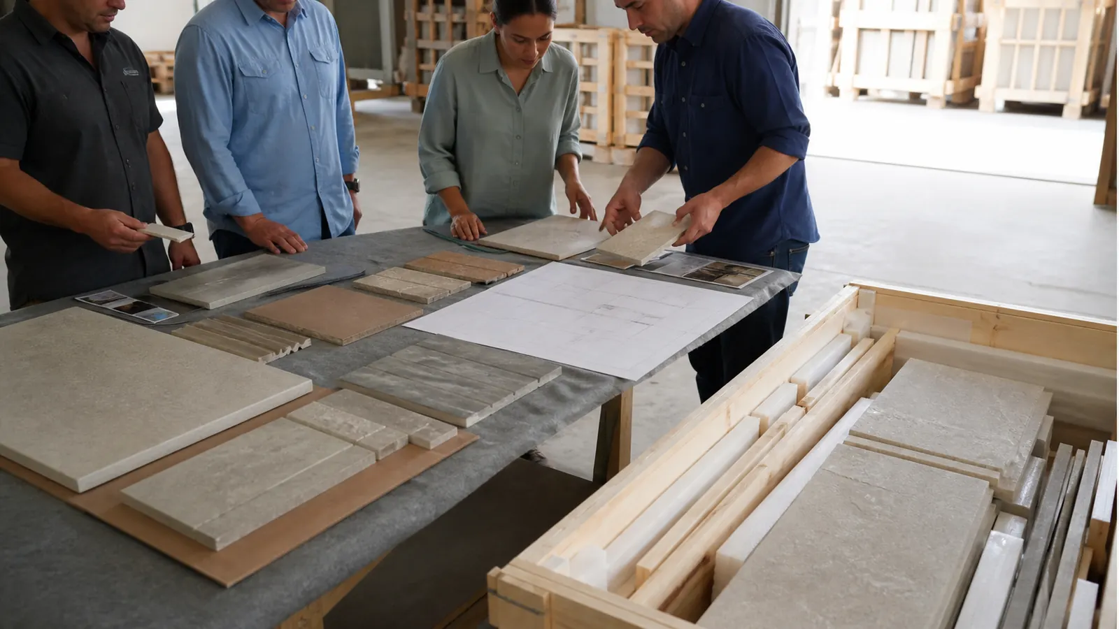Stone project team matching protected cut-to-size pieces to shop drawings and crate positions