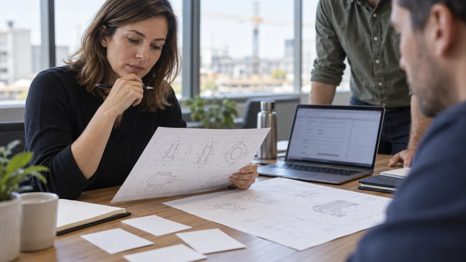 Procurement lead reviewing neutral supplier clarification cards and a blank aging register