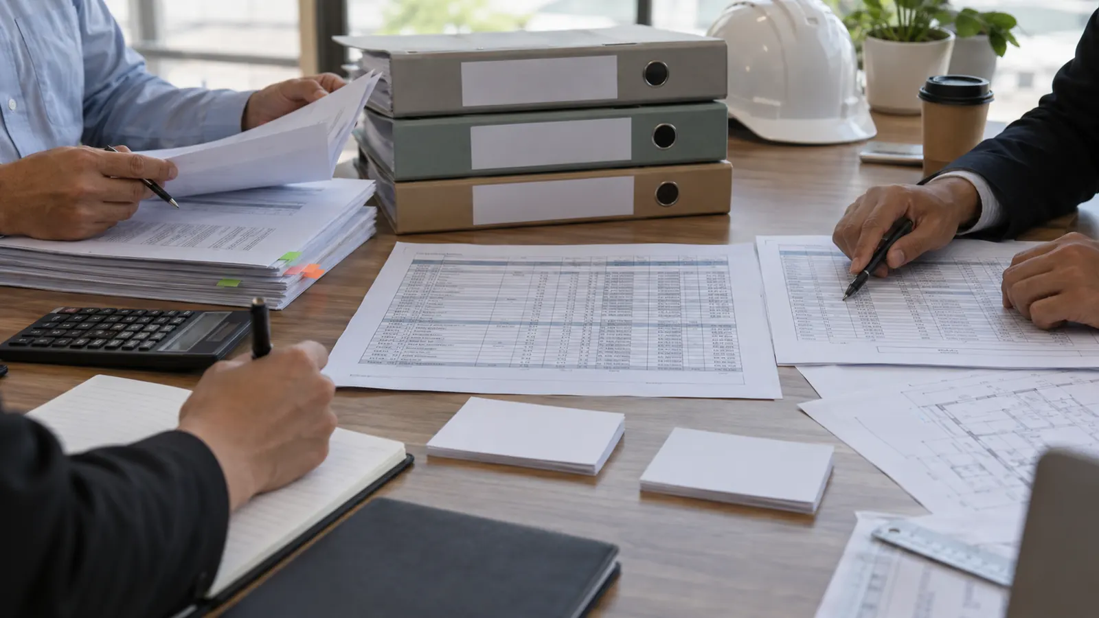Procurement reviewer comparing neutral quotation folders and blank assumption acknowledgment cards