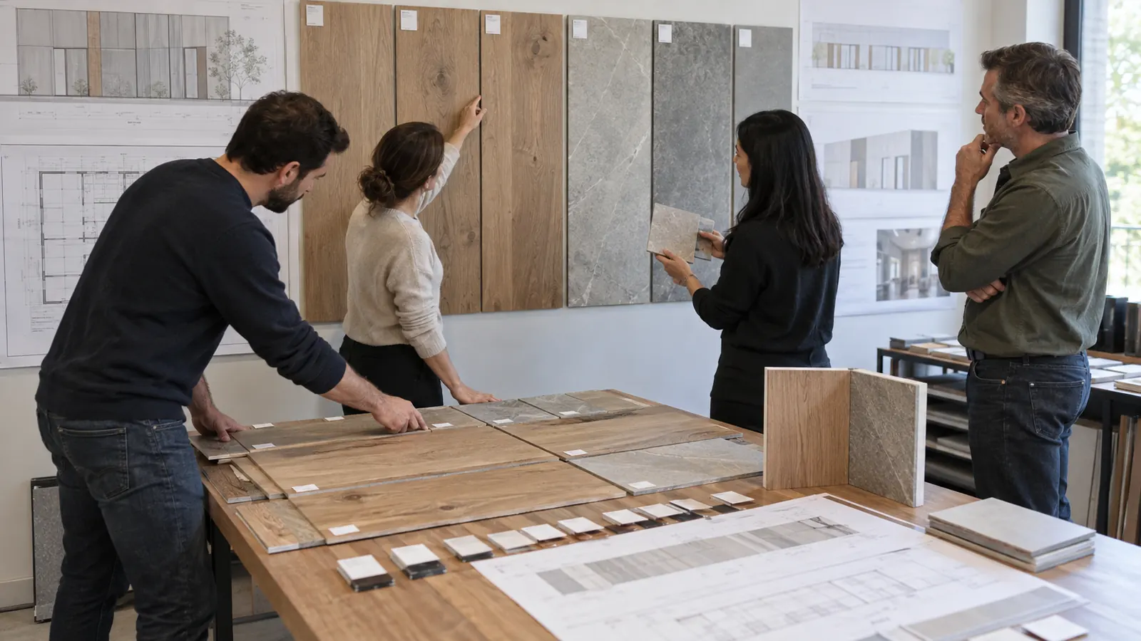 Wall-panel team reviewing sequence numbers and grain direction against elevations